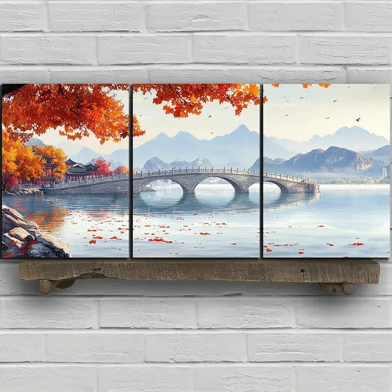 3pcs The Stone Bridge Lake Modern Nature Metal Print Ready to Hang Art - Bella Home Decor