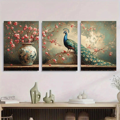 3pcs Peacock and Vase Elegant Metal Print Ready to Hang Art