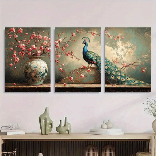 3pcs Peacock and Vase Elegant Metal Print Ready to Hang Art