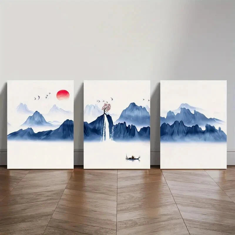 3pcs Blue Landscape Red Sun And Mountains Metal Print Ready to Hang Art