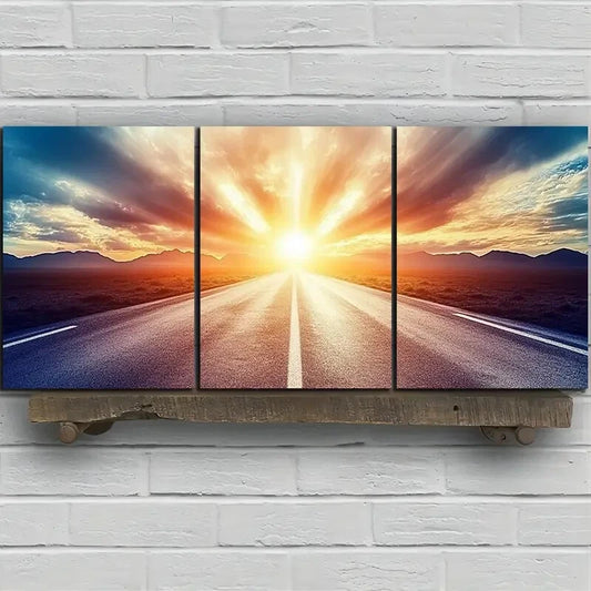 3pcs The Road Under Sunset Glow Metal Print Ready to Hang Art