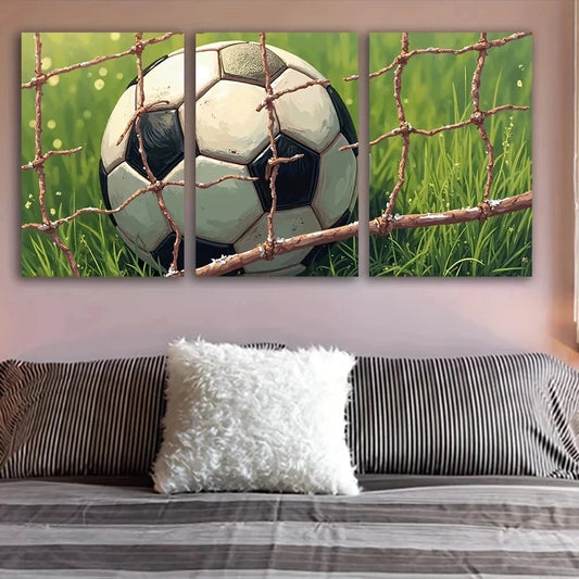 3pcs Soccer Ball in a Goal Net Metal Print Ready to Hang Art