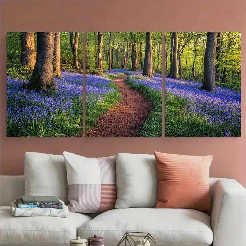 3pcs Bluebell Woods Narrow Path Illustration Wall Art Set Canvas Framed 40x60cm - High Quality Print 100% Australian Made Wall Canvas Ready to Hang