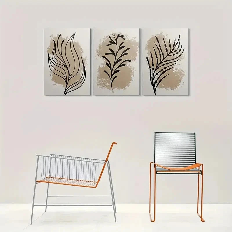 3pcs Black Leaf Silhouettes on Beige Metal Print Ready to Hang Art