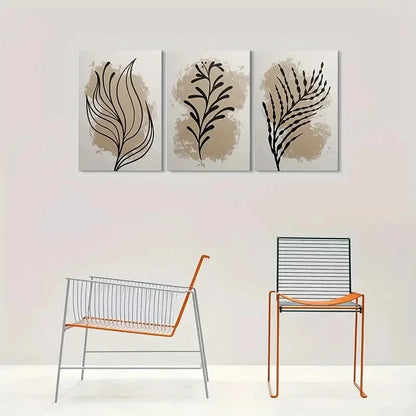 3pcs Black Leaf Silhouettes on Beige Metal Print Ready to Hang Art