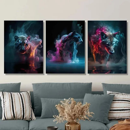 3pcs Inspired Tiger, Bear, Wolf & Fish, Metal Print Ready to Hang Art