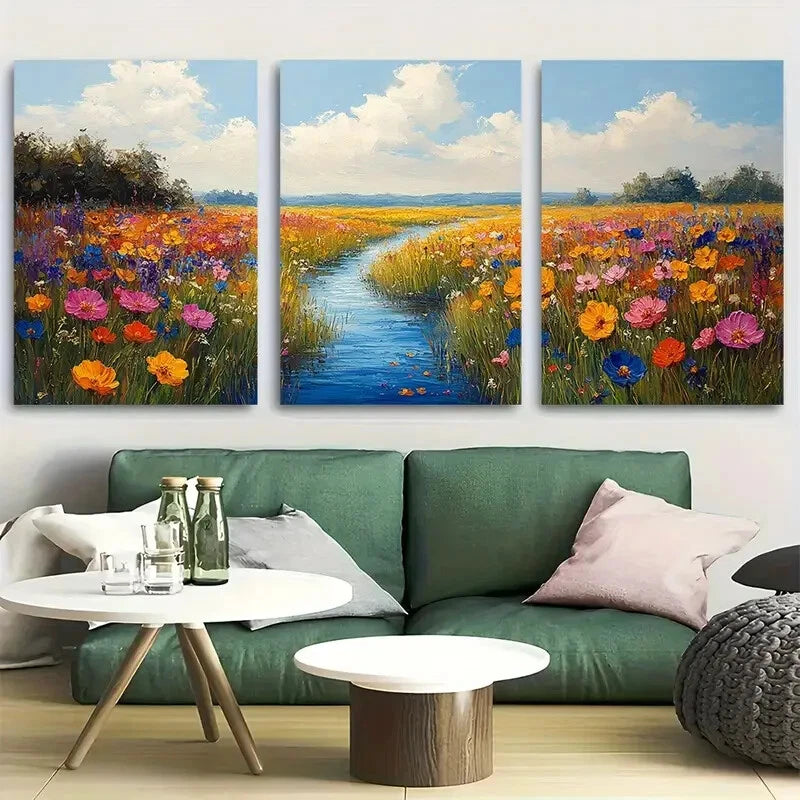 3pcs Wildflower Meadow Stream Scene Metal Print Ready to Hang Art