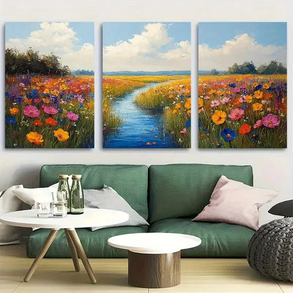 3pcs Wildflower Meadow Stream Scene Metal Print Ready to Hang Art