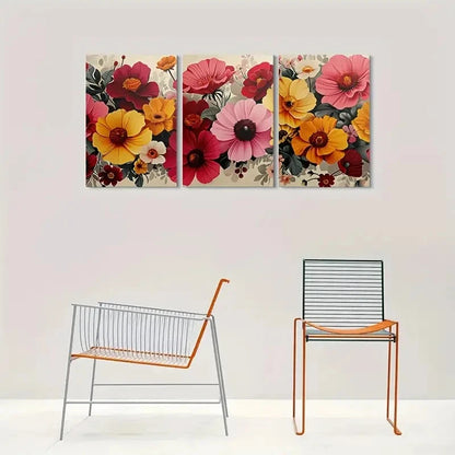 3pcs Vibrant Flowers Decor Painting Metal Print Ready to Hang Art