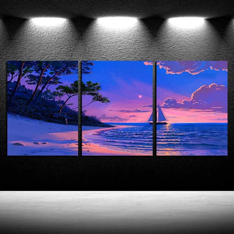 3pcs Vibrant Sailboat on The Beach Illustration Metal Print Ready to Hang Art