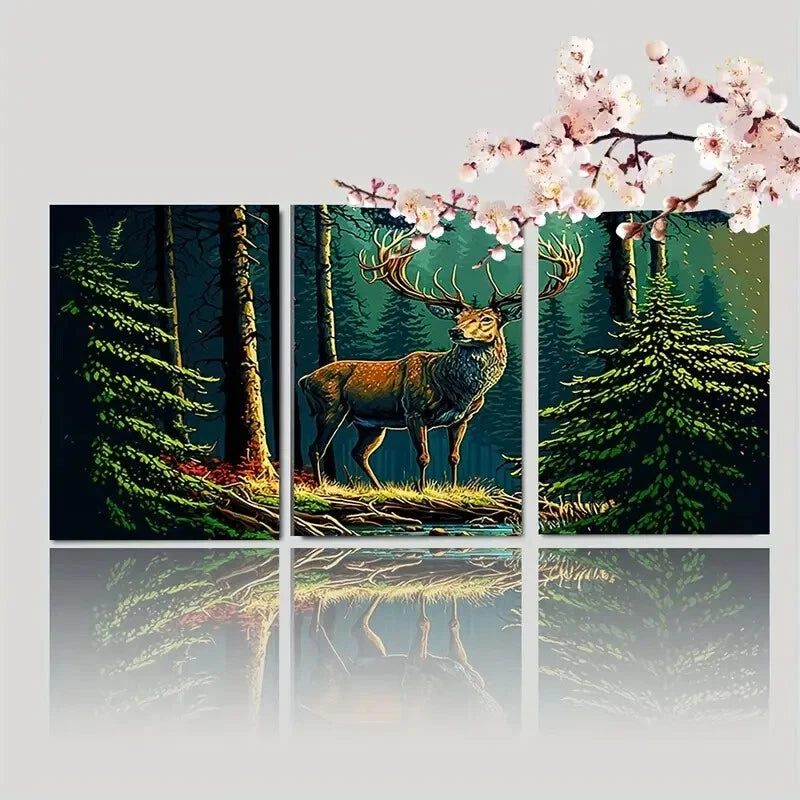 3pcs Red Deer Forest Canvas Wall Art Set Metal Print Ready to Hang Art