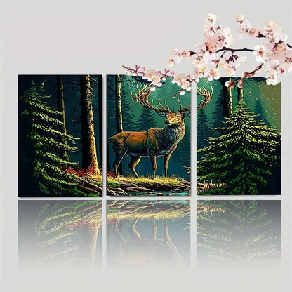 3pcs Red Deer Forest Canvas Wall Art Set Metal Print Ready to Hang Art