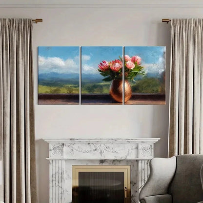 3pcs Floral Arrangement Copper Vase Landscape Metal Print Ready to Hang Art