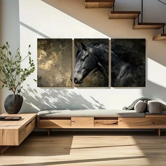 3pcs Black Horse Art Abstract Painting Poster Metal Print Ready to Hang Art
