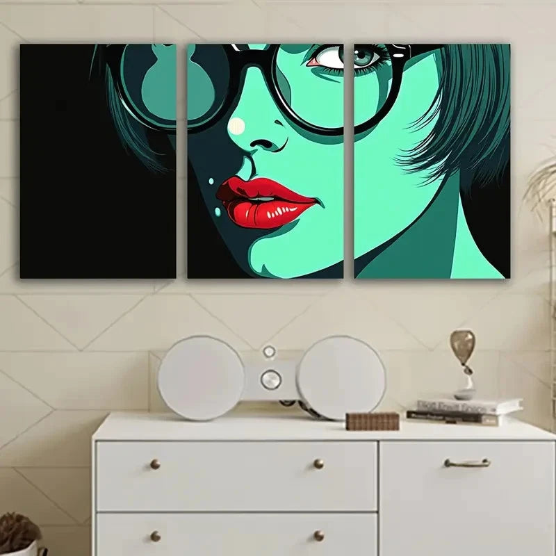 3pcs Vibrant Green Woman With Glasses Portrait Wall Art Set Canvas Framed 40x60cm - High Quality Print 100% Australian Made Wall Canvas Ready to Hang