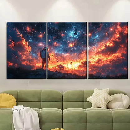 3pcs Cosmic Astronaut with Fallen Stars and Planet Metal Print Ready to Hang Art
