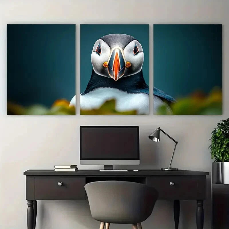 3pcs Cheerful Puffin Portrait Coastal Bird Metal Print Ready to Hang Art