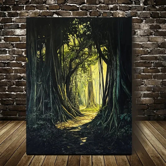 Lush Banyan Forest with Sunlit Painting 40x60cm Metal Print Ready to Hang