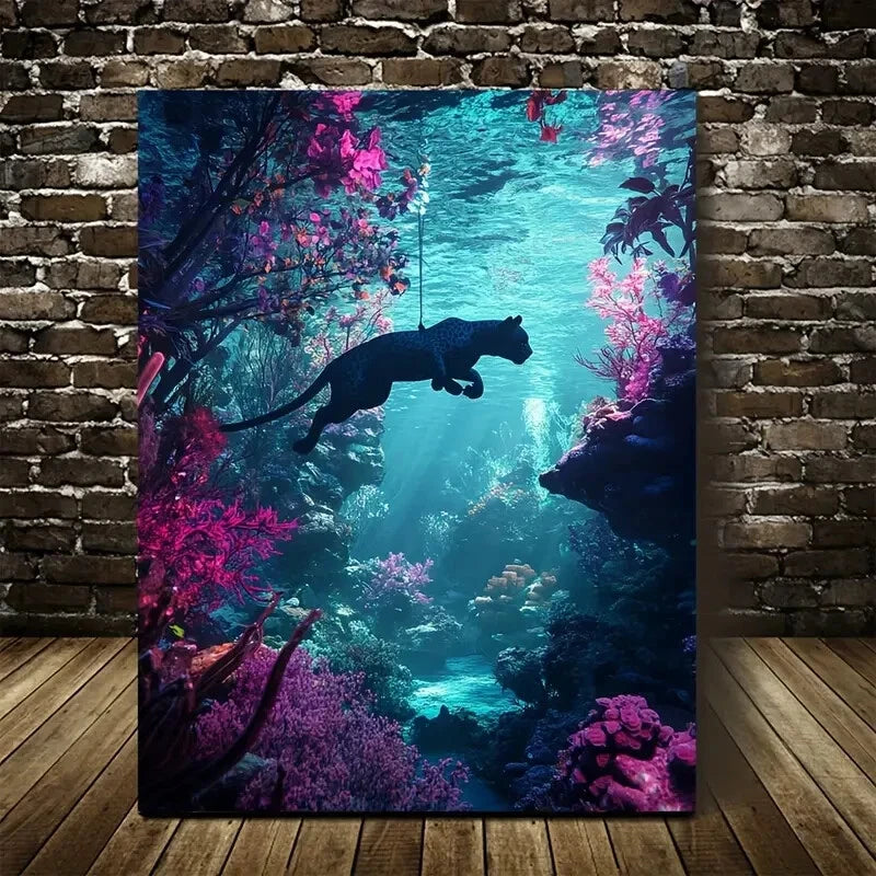 Vibrant Neon Glow of a Panther Swinging Painting 40x60cm Metal Print Ready to Hang