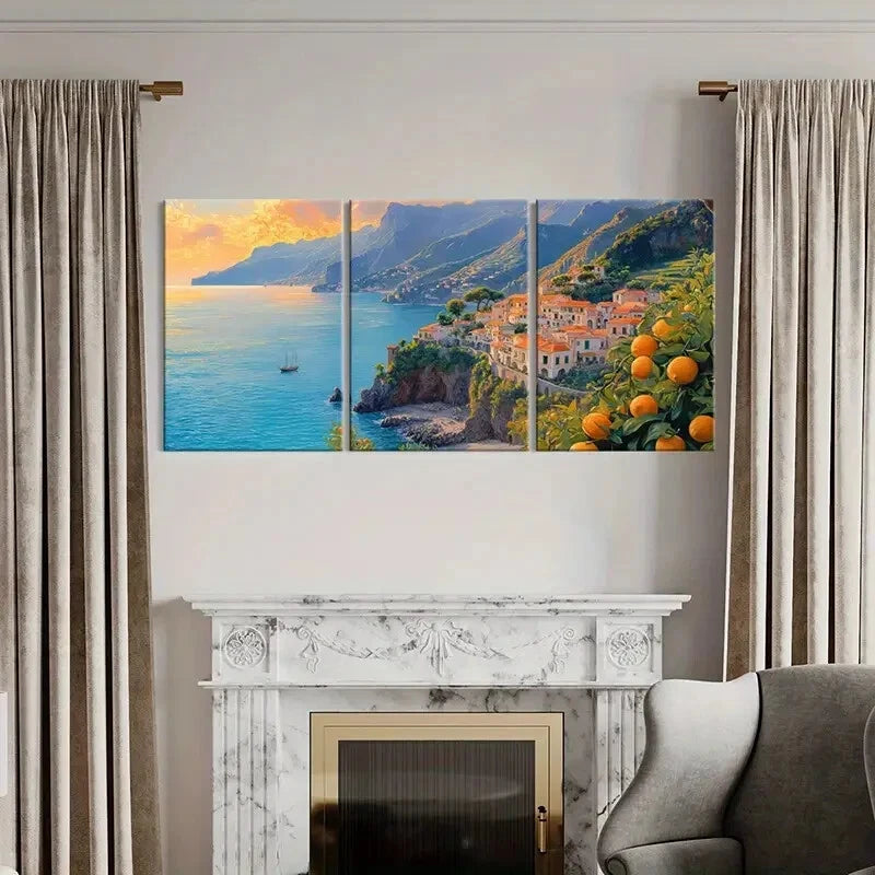 3pcs Amalfi Coast Landscape Mediterranean Village Metal Print Ready to Hang Art