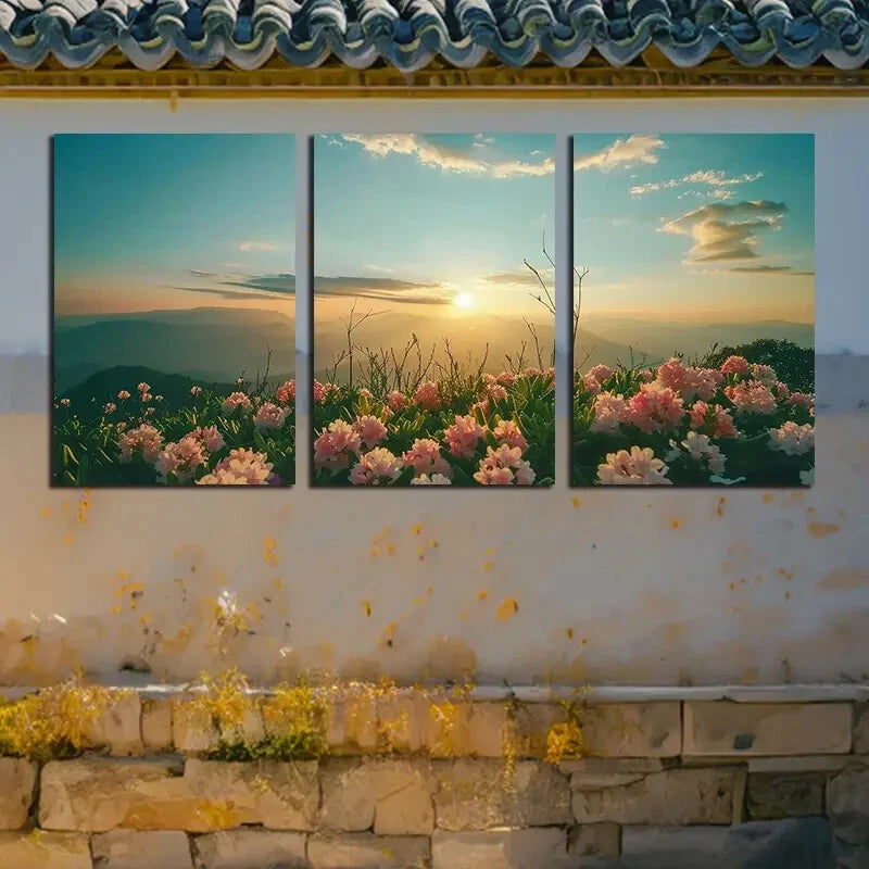 3pcs Blooming Flowers Landscape Sunset Metal Print Ready to Hang Art