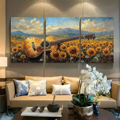 3pcs Classical Guitar Sunflower Field Design Metal Print Ready to Hang Art