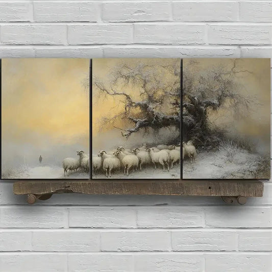 3pcs Sheep in the Snow Capped Metal Print Ready to Hang Art