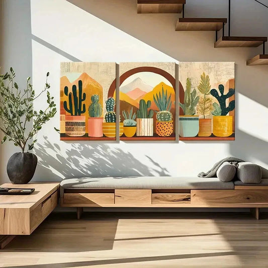 3pcs Desert Cactus & Mountain Landscape Metal Print Ready to Hang Art