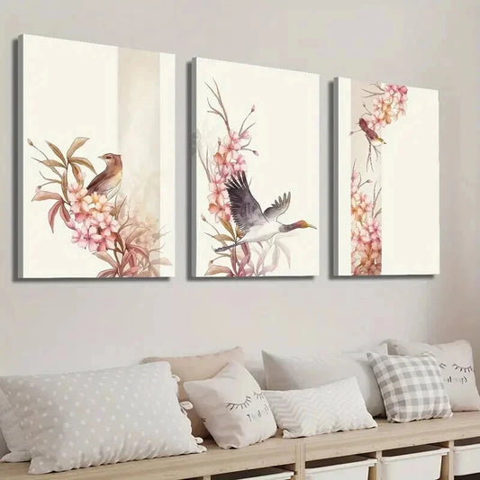 3pcs Bird and Botanical Flower Illustration Wall Art Set Canvas Framed 50x70cm - High Quality Print 100% Australian Made Wall Canvas Ready to Hang