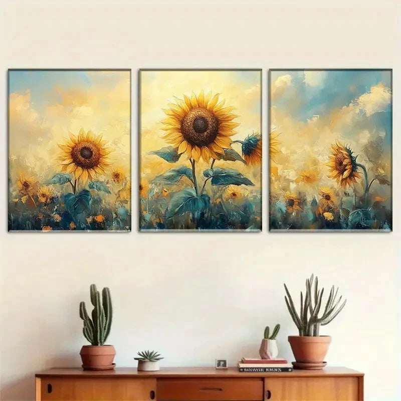 3pcs Sunflower Vibrant Floral Landscape Decor Metal Print Ready to Hang Art