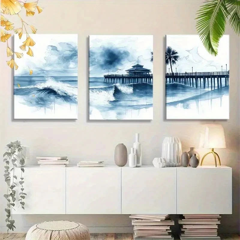 3pcs Palm Trees Surfing Waves and Pier Scene Metal Print Ready to Hang Art