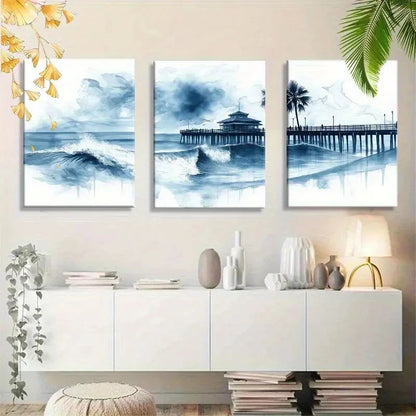 3pcs Palm Trees Surfing Waves and Pier Scene Metal Print Ready to Hang Art
