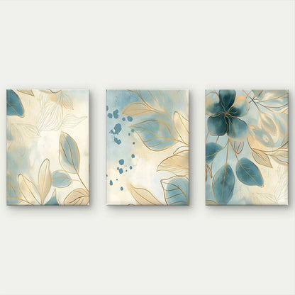 3pcs Modern Blue and Gold Floral Watercolour Wall Art Set Canvas Framed 40x60cm - High Quality Print 100% Australian Made Wall Canvas Ready to Hang