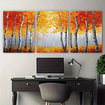 3pcs Vibrant Autumn Birch Trees Orange and Yellow Metal Print Ready to Hang Art