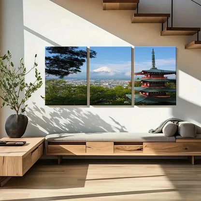 3pcs Japanese Temple Mount Fuji Wall Art Set Canvas Framed 40x60cm - High Quality Print 100% Australian Made Wall Canvas Ready to Hang