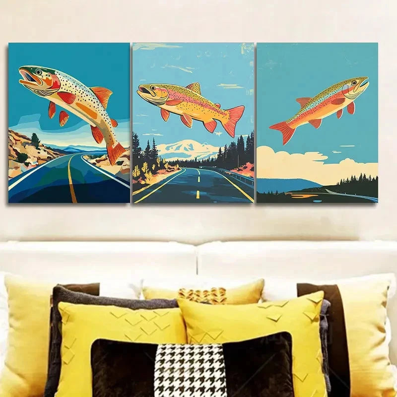 3pcs Flying Fish Art Painting I Wall Art Set Canvas Framed 50x70cm - High Quality Print 100% Australian Made Wall Canvas Ready to Hang