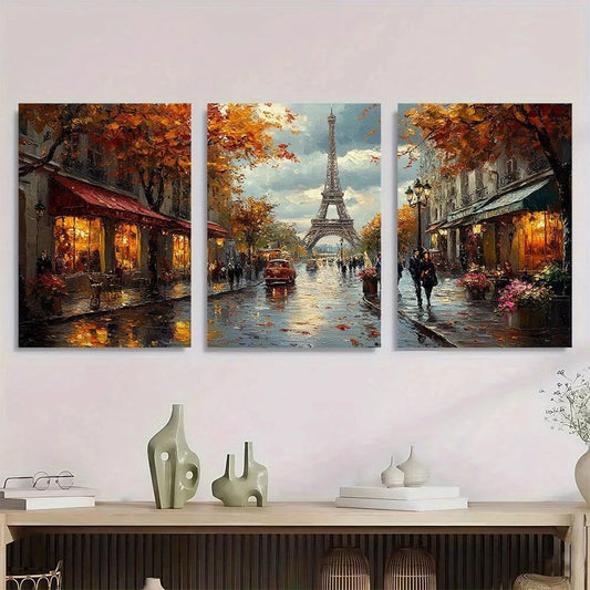 3pcs Street Scene Vibrant Autumn Eiffel Tower Metal Print Ready to Hang Art