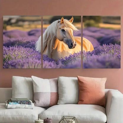 3pcs Serene Palomino Horse in Lavender Field Wall Art Set Canvas Framed 60x90cm - High Quality Print 100% Australian Made Wall Canvas Ready to Hang