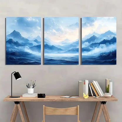 3pcs Abstract Landscape Blue Smoke Wave & Birds Metal Print Ready to Hang Art