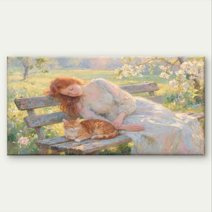 Woman and Cat Sleeping on Bench Wall Art Canvas Office Home Framed 120x60cm