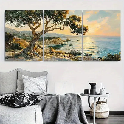 3pcs Seaside View with Tree and Ocean Metal Print Ready to Hang Art