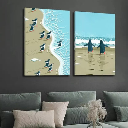 2pcs Penguins on the Beach, Minimalist Surreal Illustration Canvas Framed 50x75cm - High Quality Print 100% Australian Made Wall Canvas Ready to Hang