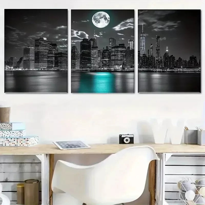 3pcs Black & White Cityscape with MoonlightArt Set Canvas Framed 50x70cm -  High Quality Print 100% Australian Made Wall Canvas Ready to Hang
