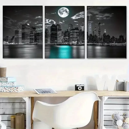 3pcs Black & White Cityscape with MoonlightArt Set Canvas Framed 50x70cm -  High Quality Print 100% Australian Made Wall Canvas Ready to Hang