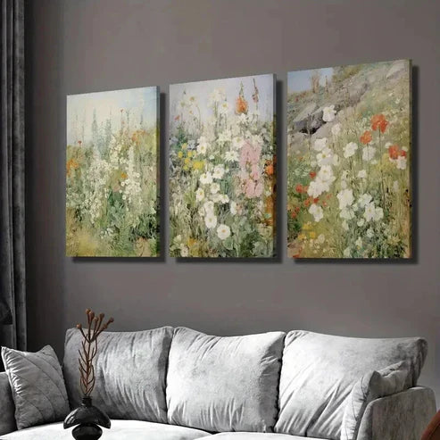 3pcs Vintage Spring Wildflower Field Wall Art Set Canvas Unframed - High Quality Print 100% Australian Made Wall Canvas