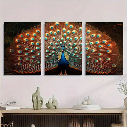 3pcs Peacock Flaunting Tail White Metal Print Ready to Hang Art