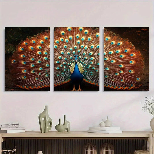 3pcs Peacock Flaunting Tail White Metal Print Ready to Hang Art