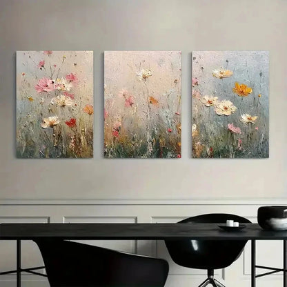 3pcs Vintage Wildflower Meadow in Pastel Metal Print Ready to Hang Art