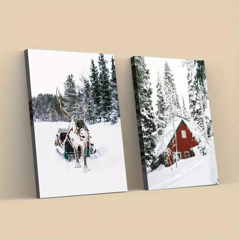 2pcs Winter Wonderland Snowy Trees Deer Framed 50x75cm - High Quality Print 100% Australian Made Wall Canvas Ready to Hang
