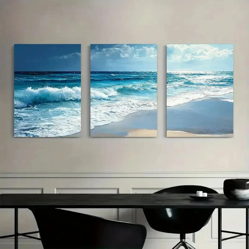 3pcs Ocean View with Blue Waves Crashing Metal Print Ready to Hang Art
